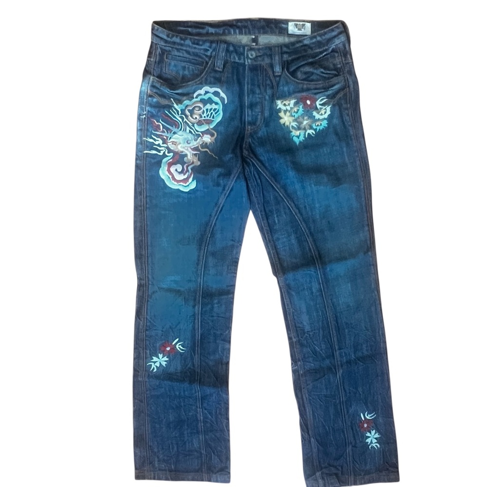 Antik Denim Embroidered Jeans Vintage Waist 32/16 inches Tigers flowers, Zipper